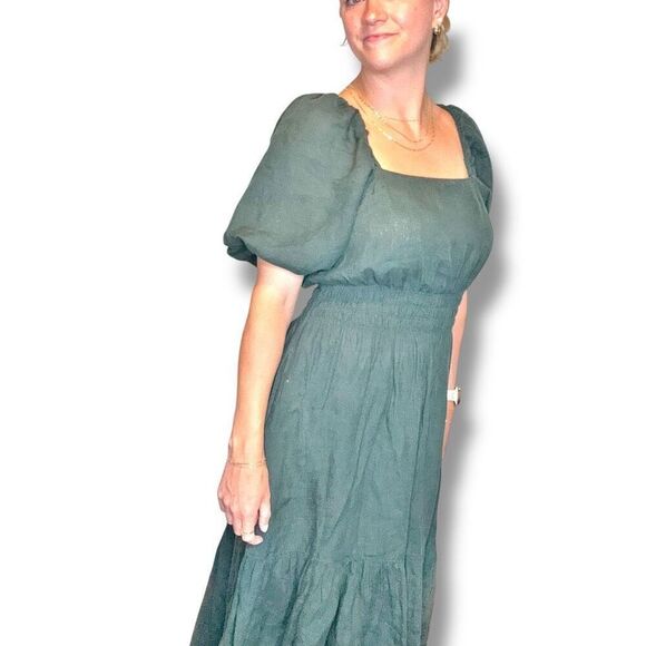 Ann Mashburn Dark Green Square Neck Puff Sleeve Linen Maxi Dress Women’s Size M - Picture 14 of 14